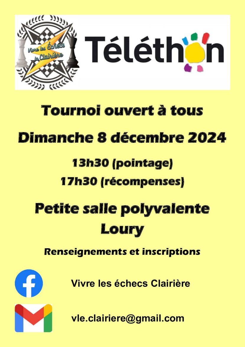 08 déc : Téléthon tournoi d’échec – VIVRE LES ECHECS LA CLAIRIERE